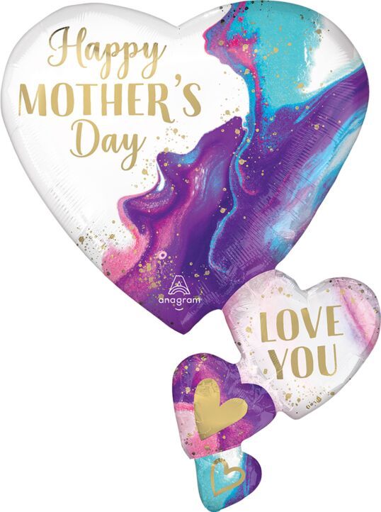 Mother&#39;s Day Alluring Marble Hearts - 30&quot; Helium Filled Foil Balloon, Ribbon