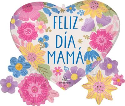 Feliz Dia Mama Botanical Lines - 29" Helium Filled Foil Balloon, Ribbon