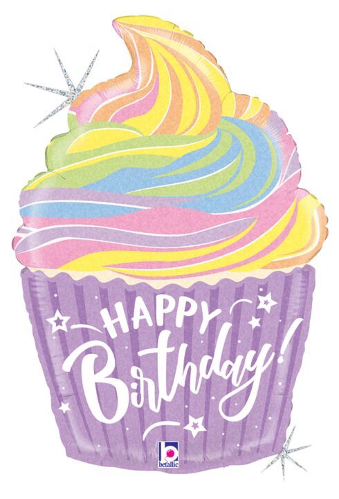 Pastel Birthday CupcakeHolographic - 27&quot; Helium Filled Foil Balloon, Ribbon