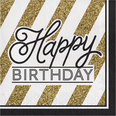Black &amp; Gold - &quot;Happy Birthday&quot; Luncheon Napkin 16ct