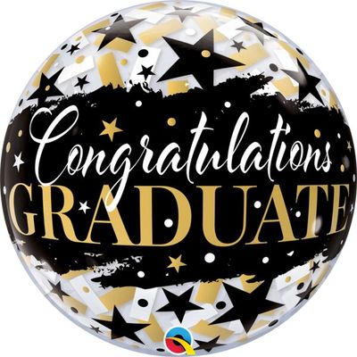 Graduate Black Stars - 22&quot; Helium Filled Bubble Balloon, Ribbon