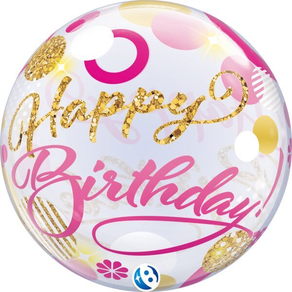 Birthday Pink and Gold Dots - 22&quot; Helium Filled Bubble Balloon, Ribbon