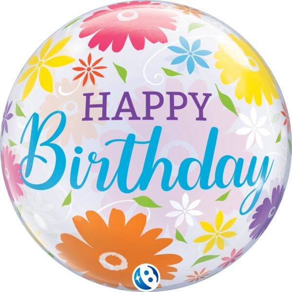 Birthday Flowers and Filigree - 22&quot; Helium Filled Bubble Balloon, Ribbon