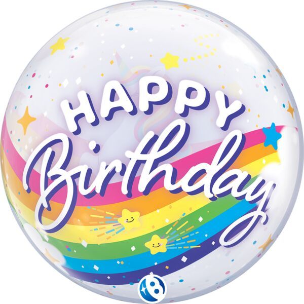 Birthday Rainbow Unicorn - 22&quot; Helium Filled Bubble Balloon, Ribbon