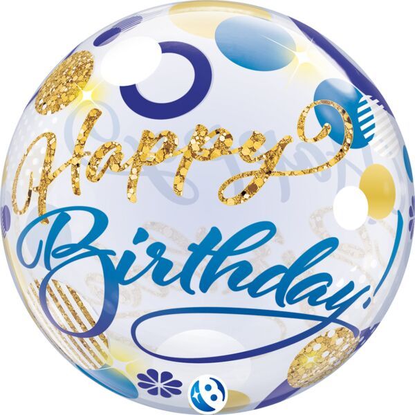 Birthday Blue and Gold Dots - 22&quot; Helium Filled Bubble Balloon, Ribbon