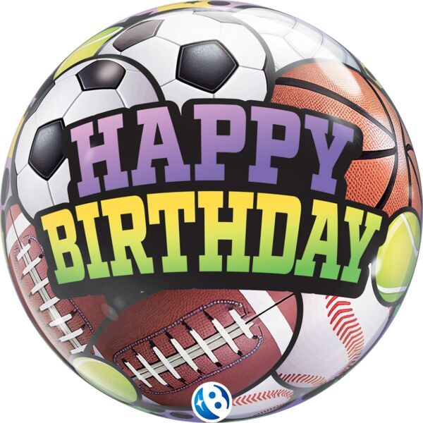 Birthday Sports Balls - 22&quot; Helium Filled Bubble Balloon, Ribbon