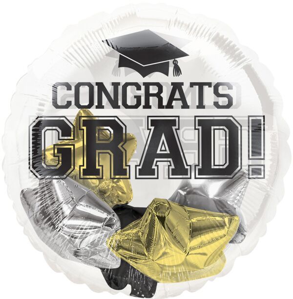 Congrats Grad Black, Silver, Gold Stars Insiders - 20&quot; Helium Filled Foil Balloon, Ribbon