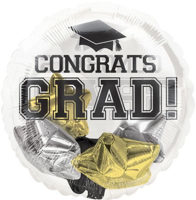 Congrats Grad Black, Silver, Gold Stars Insiders - 20&quot; Helium Filled Foil Balloon, Ribbon