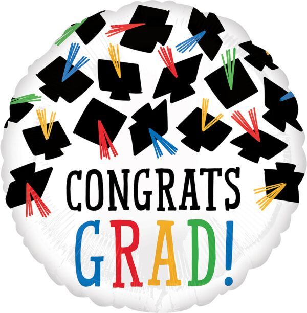 Hats Off Congrats Grad - 17&quot; Helium Filled Foil Balloon, Ribbon