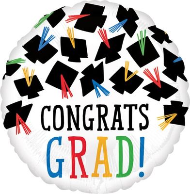 Hats Off Congrats Grad - 17&quot; Helium Filled Foil Balloon, Ribbon