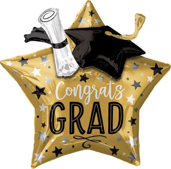 Grad Star, Cap, and Diploma - 28&quot; Helium Filled Foil Balloon, Ribbon