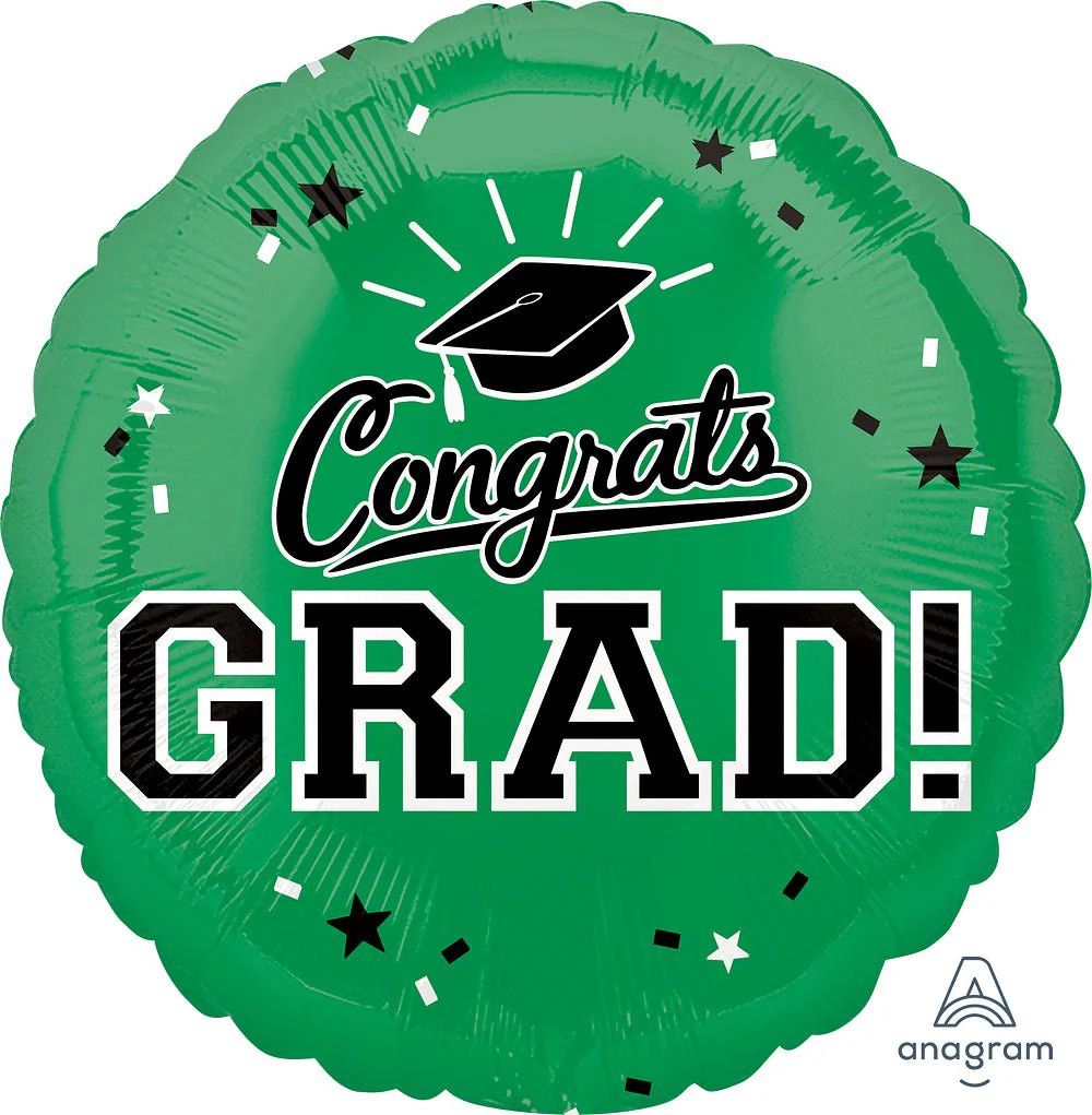 Congrats Grad - 18&quot; Helium Filled Foil Balloon, Ribbon -  Green