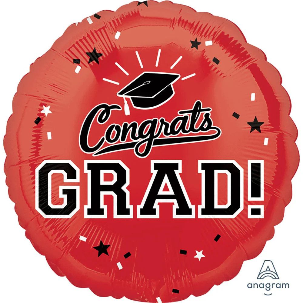 Congrats Grad - 18&quot; Helium Filled Foil Balloon, Ribbon -  Red