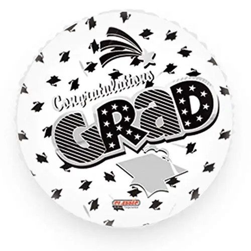Congrats Grad - 18&quot; Helium Filled Foil Balloon, Ribbon -  White