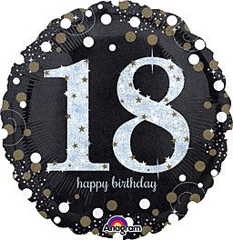 Sparkling Birthday 18 Holographic - 18&quot; Helium Filled Foil Balloon, Ribbon