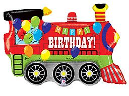 Birthday Party Train - 37&quot; Helium Filled Foil Balloon, Ribbon