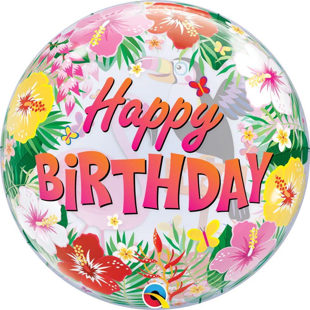 Happy Birthday Tropical Party - 22&quot; Helium Filled Bubble Balloon, Ribbon