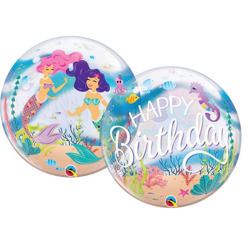 Mermaid Birthday Party - 22&quot; Helium Filled Bubble Balloon, Ribbon