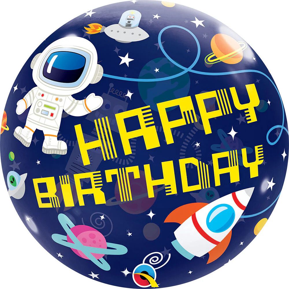 Birthday Outer Space Balloon - 22&quot; Helium Filled Bubble Balloon, Ribbon