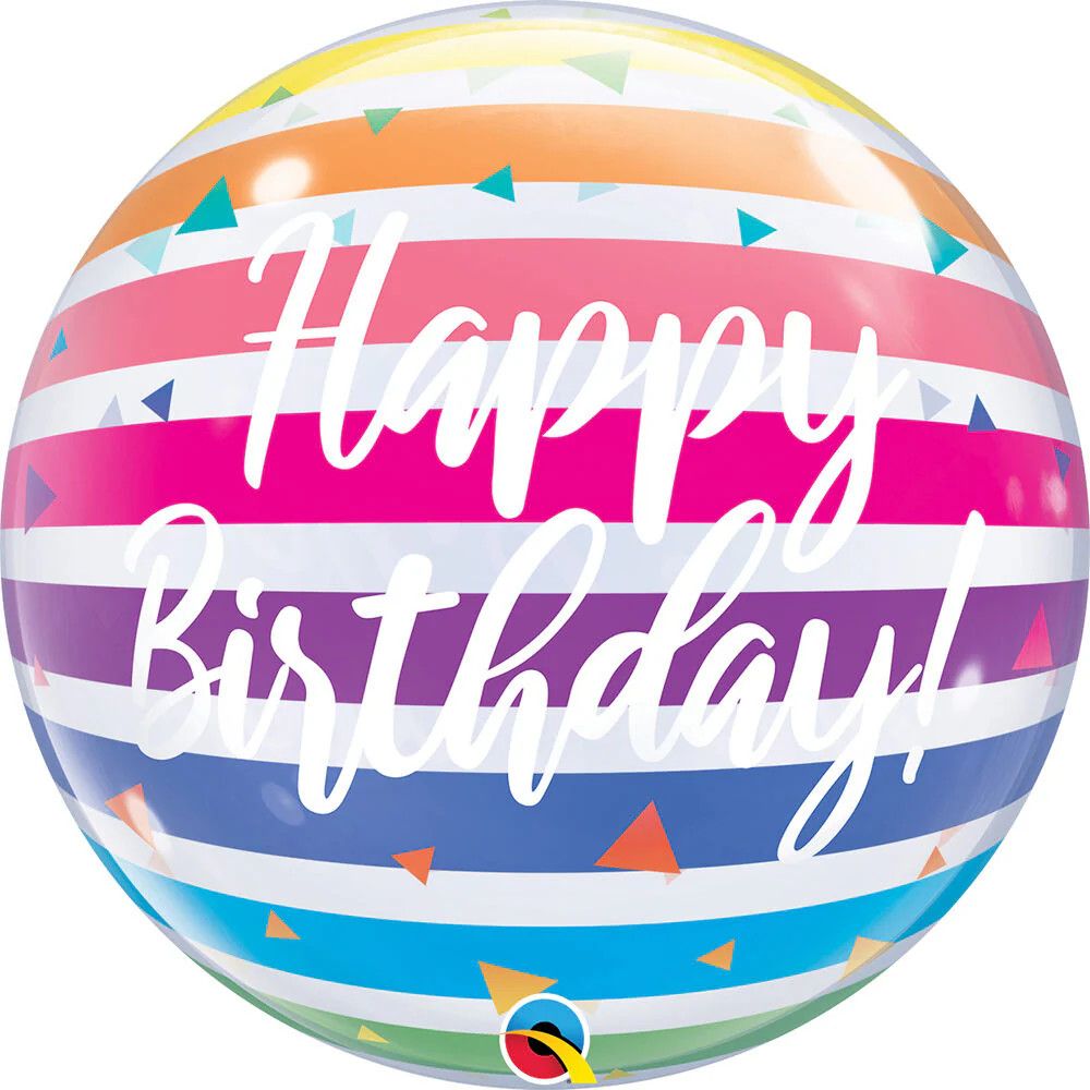 Birthday Bright Rainbow Stripes - 22&quot; Helium Filled Bubble Balloon, Ribbon