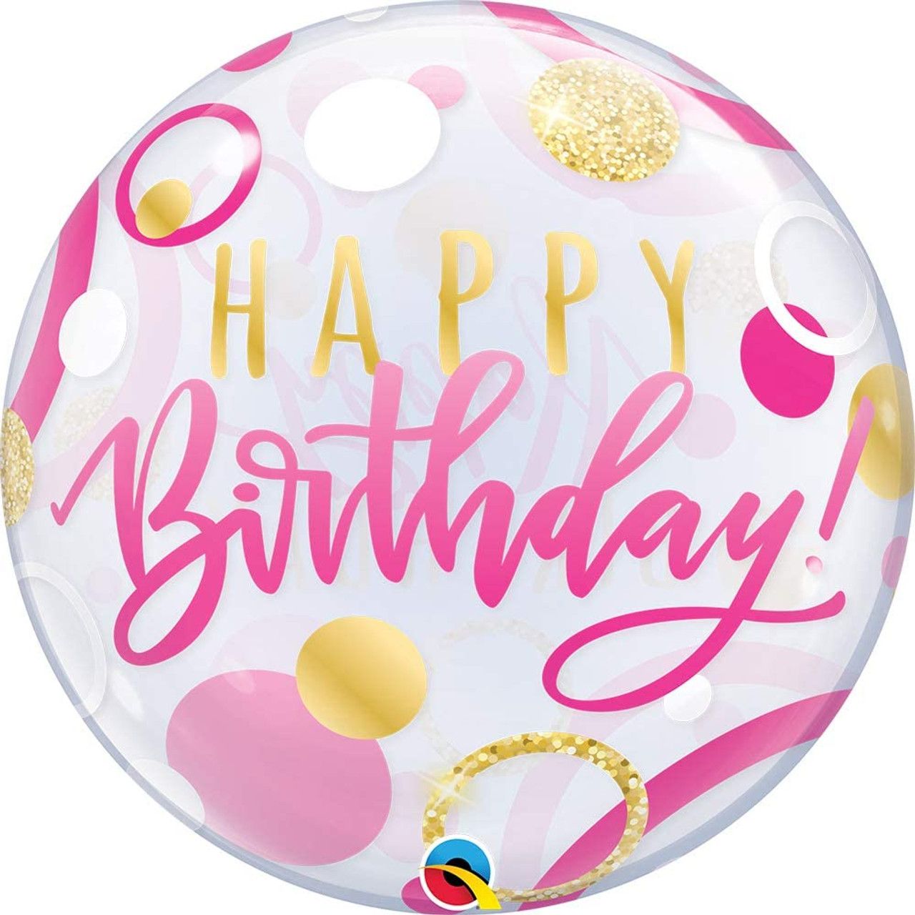 Happy Birthday Pink &amp; Gold Dots - 22&quot; Helium Filled Bubble Balloon, Ribbon