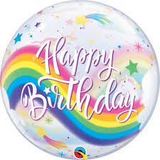 Happy Birthday Rainbow Unicorns Party - 22&quot; Helium Filled Bubble Balloon, Ribbon