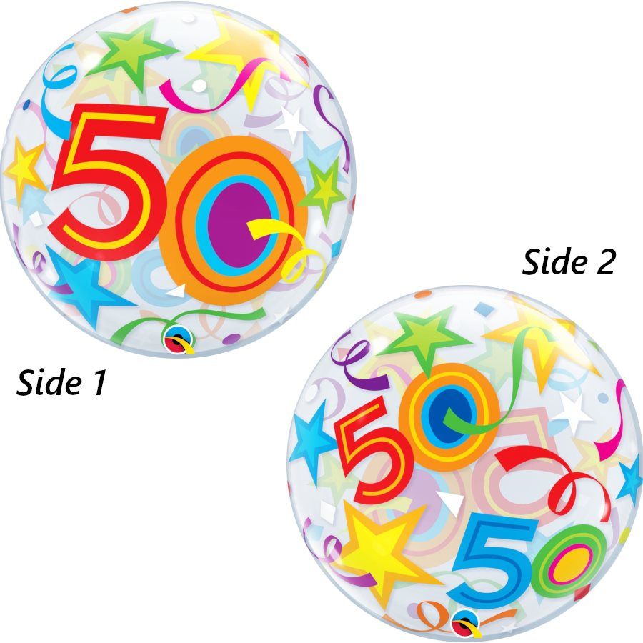 Colourful 50th birthday - 22&quot; Helium Filled Bubble Shaped Balloon, Ribbon