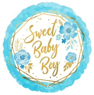 Baby Boy Floral Geo- 17&quot; Helium Filled Foil Balloon, Ribbon