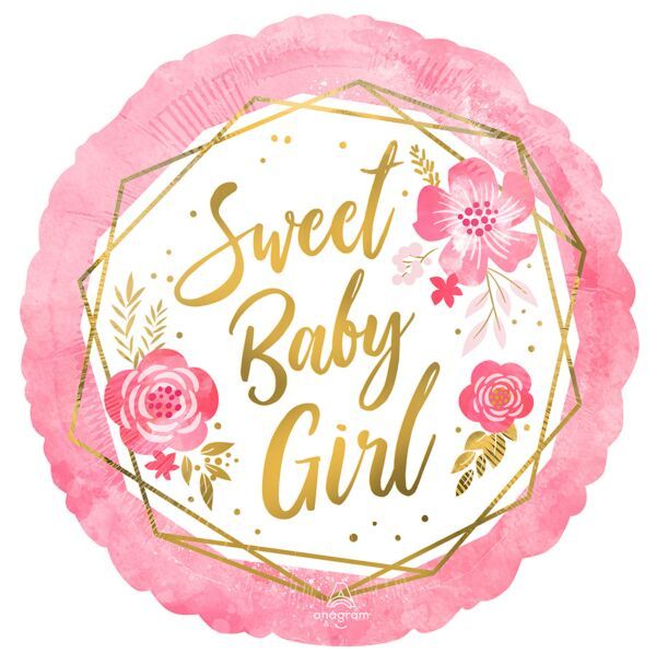 Baby Girl Floral Geo - 17&quot; Helium Filled Foil Balloon, Ribbon