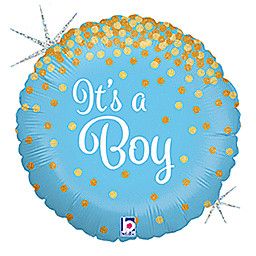 Glitter It&#39;s a Boy Holographic - 18&quot; Helium Filled Foil Balloon, Ribbon