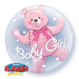 Baby Pink Bear Double Bubble - 24&quot; Helium Filled Foil Balloon, Ribbon