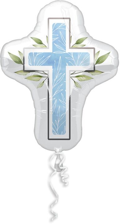 First Communion Blue - 28&quot; Helium Filled Foil  Shaped Balloon, Ribbon