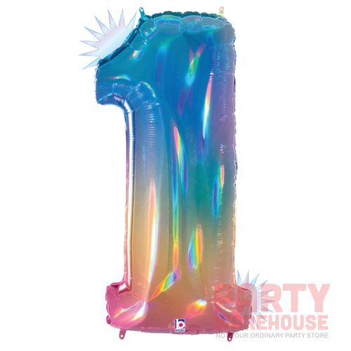 Rainbow Holographic 34&quot; Helium Filled Foil Balloon and Ribbon, Style: #1