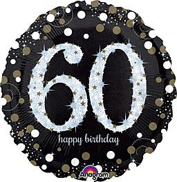 Sparkling Birthday 60 Holographic - 18&quot; Helium Filled Foil Balloon, Ribbon