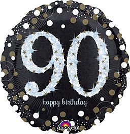 Sparkling Birthday 90 Holographic - 18&quot; Helium Filled Foil Balloon, Ribbon