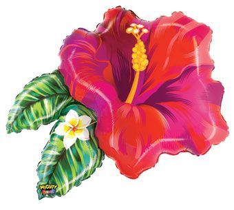 Mighty Tropical Flower Red - 30&quot; Helium Filled Foil Balloon, Ribbon