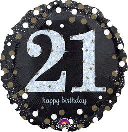 Sparkling Birthday 21 Holographic - 18&quot; Helium Filled Foil Balloon, Ribbon