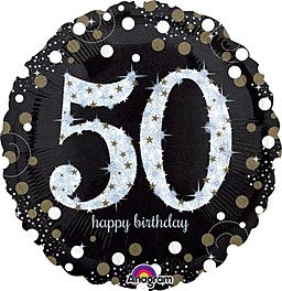 Sparkling Birthday 50 Holographic - 18&quot; Helium Filled Foil Balloon, Ribbon
