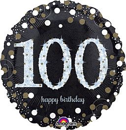 Sparkling Birthday 100 Holographic - 18&quot; Helium Filled Foil Balloon, Ribbon