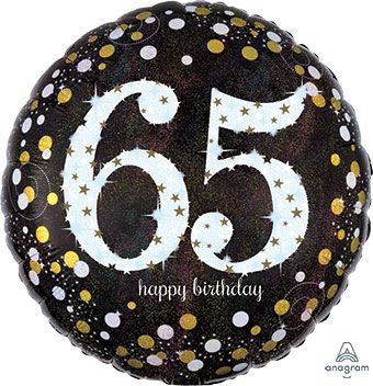 Sparkling Birthday 65 Holographic - 18&quot; Helium Filled Foil Balloon, Ribbon