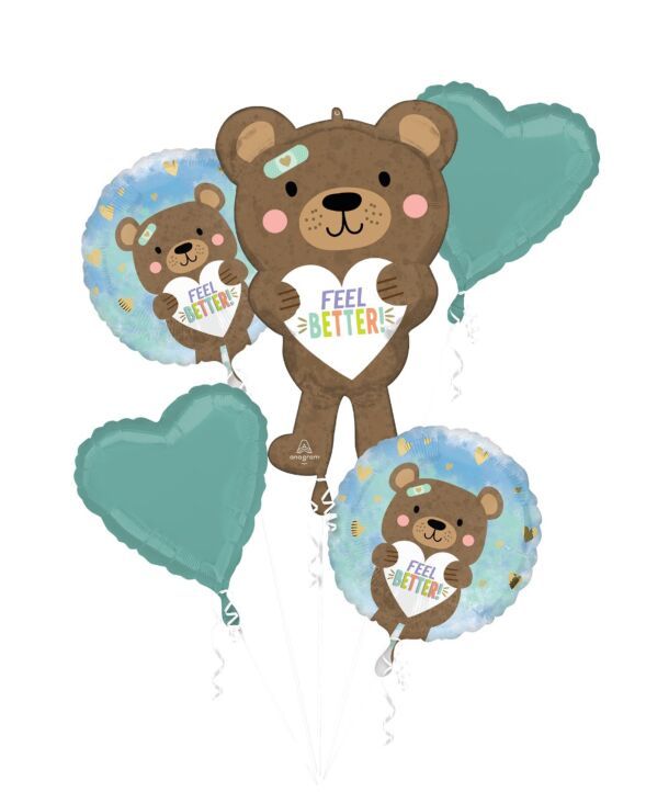 Bouquet Feel Better Bear - Helium Filled Foil Balloon, Ribbon and Basic Weight