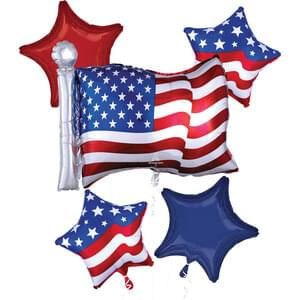 Bouquet Patriotic America Flag - Helium Filled Foil Balloon, Ribbon and Basic Weight