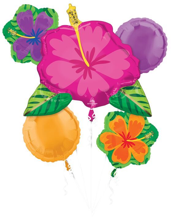 Bouquet Summer Hibiscus - Helium Filled Foil Balloon, Ribbon and Basic Weight
