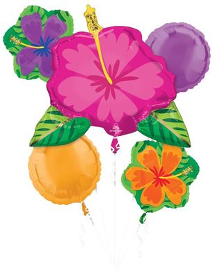 Bouquet Summer Hibiscus - Helium Filled Foil Balloon, Ribbon and Basic Weight