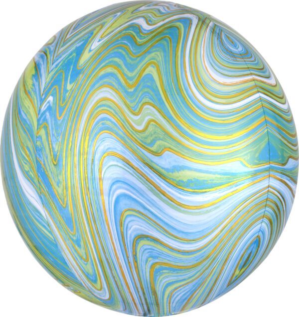 Blue Green Marblez  Orbz - 15&quot; Helium Filled Foil Balloon, Ribbon