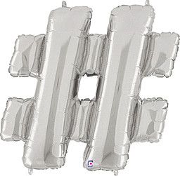 Megaloon Silver Hastag - 34&quot; Helium Filled Foil Balloon, Ribbon