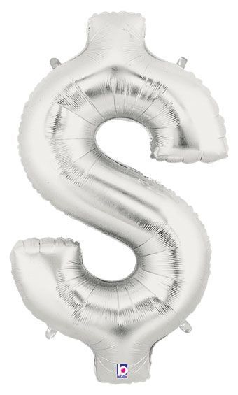 Megaloon Dollar Sign Silver  - 34&quot; Helium Filled Foil Balloon, Ribbon