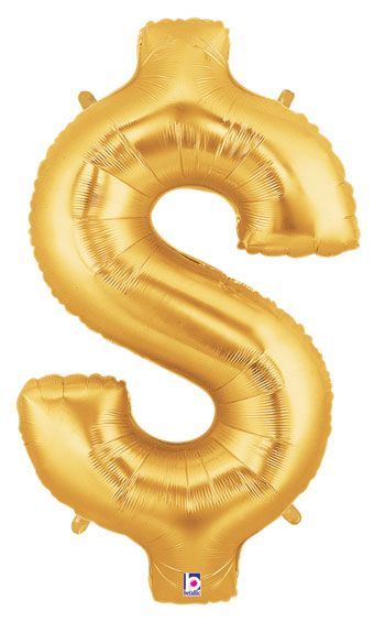 Megaloon Dollar Sign Gold - 34&quot; Helium Filled Foil Balloon, Ribbon