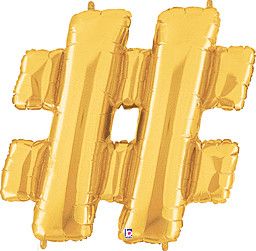 Megaloon Gold Hastag - 34&quot; Helium Filled Foil Balloon, Ribbon