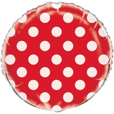 Metallic Red Round Polk Dot - 18&quot; Helium Filled Foil Balloon, Ribbon